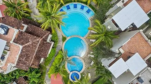 Tropical pool courtyard from above