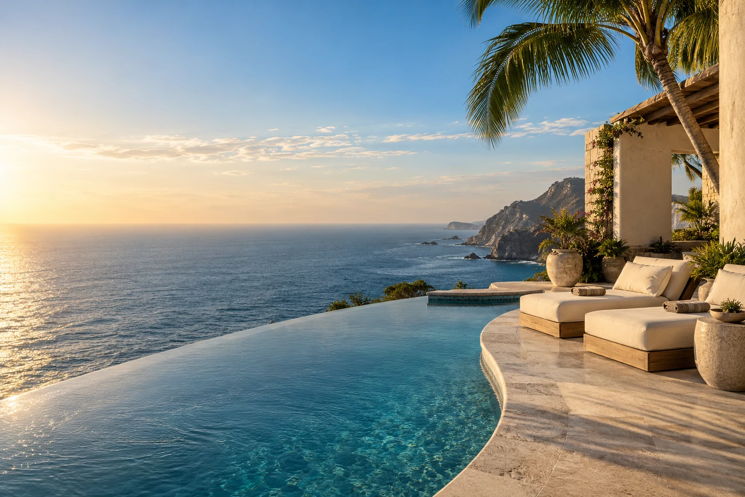 Oceanfront terrace and infinity pool in warm afternoon light